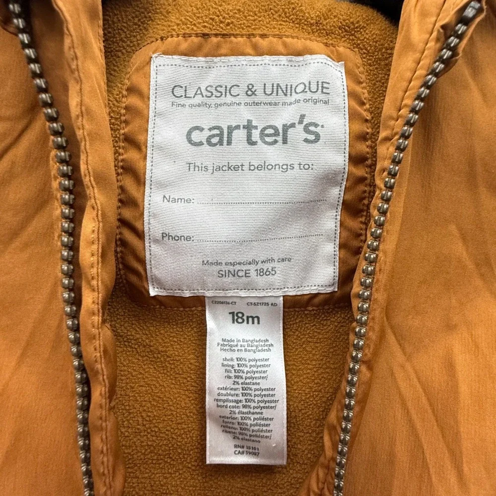 Carters Baby Boys Brown Hooded Bomber Jacket Fleece Lined 18M‎ C2206136-CT